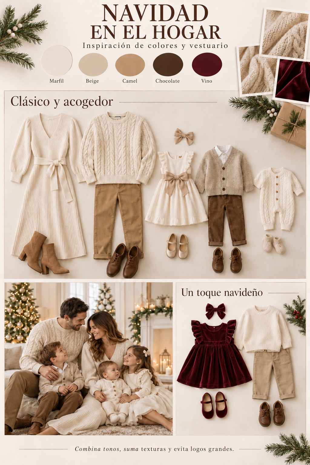 Inspiración de colores y vestuario para Navidad en el Hogar: paleta marfil, beige, camel, chocolate y vino, con ideas de ropa para toda la familia